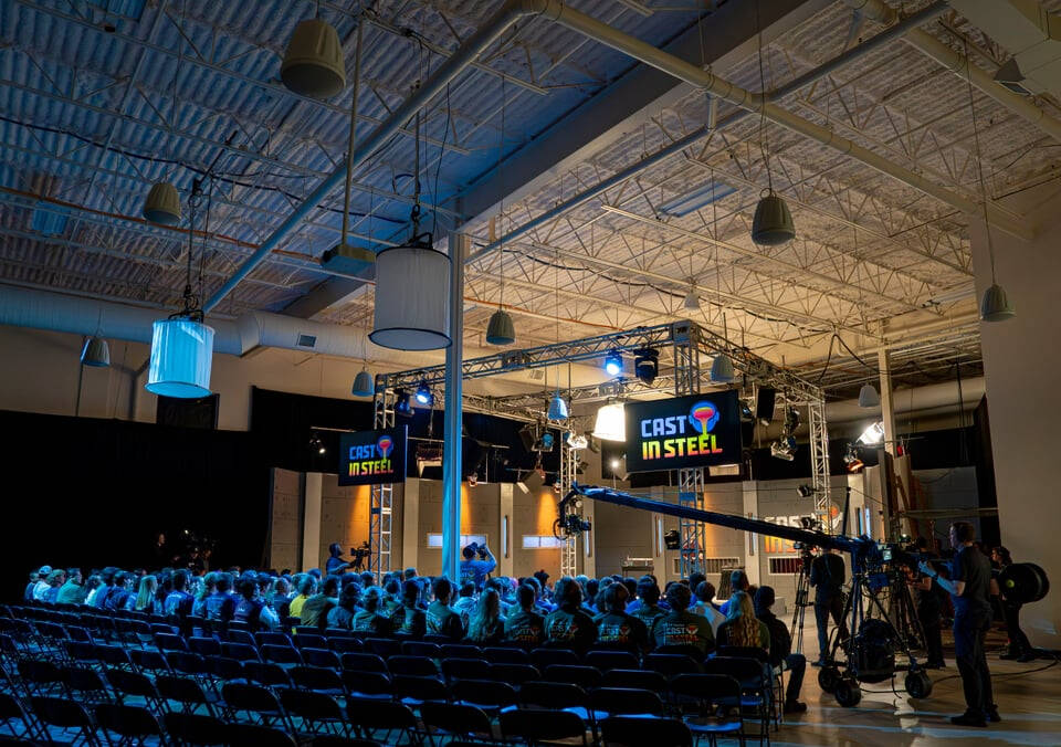 Photo of Cast In Steel competition and tv equipment inside the Innovation Design Center